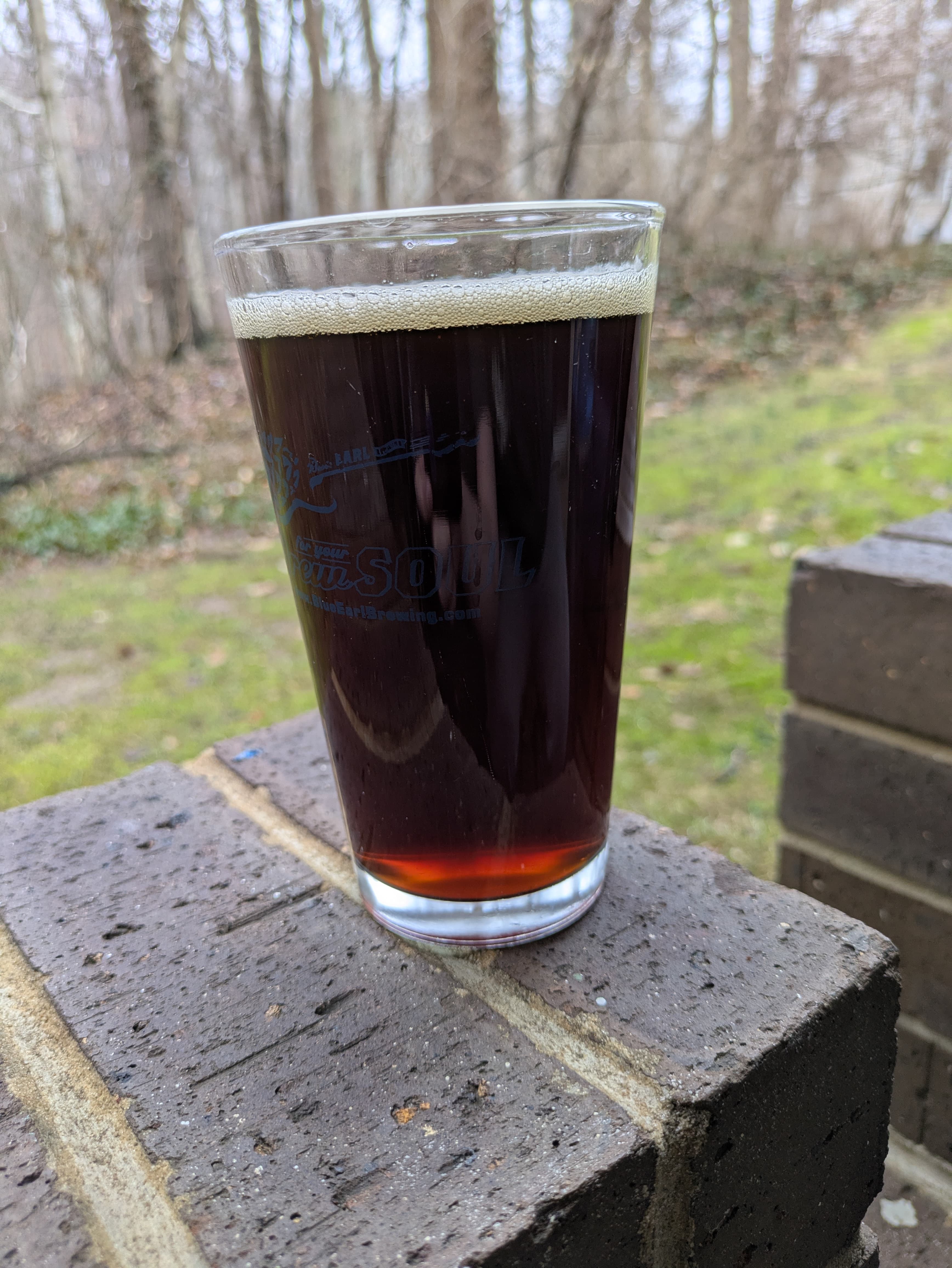Deep amber beer in a pint glass