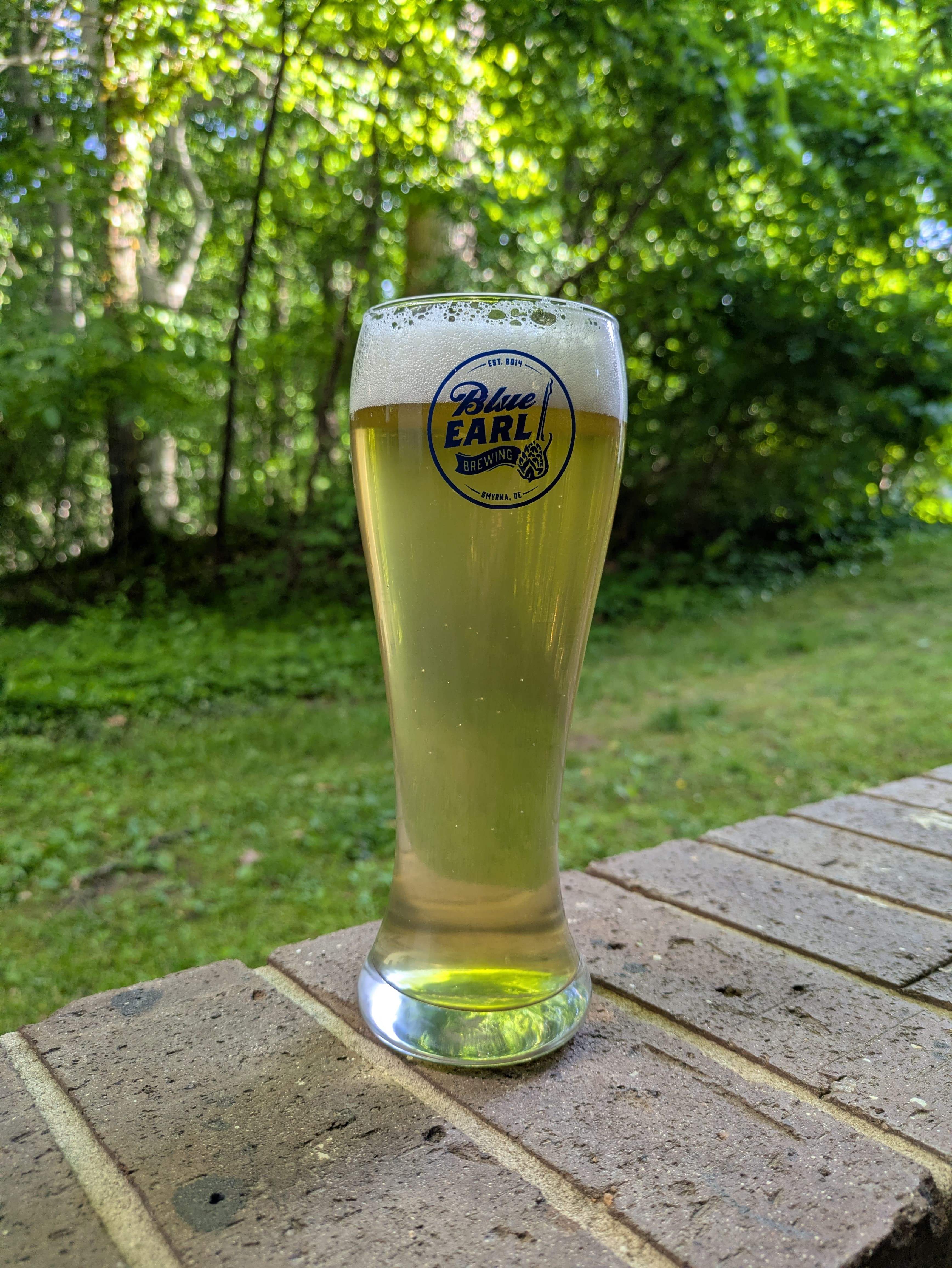 Pale yellow beer in a tall glass that read "Blue Earl"